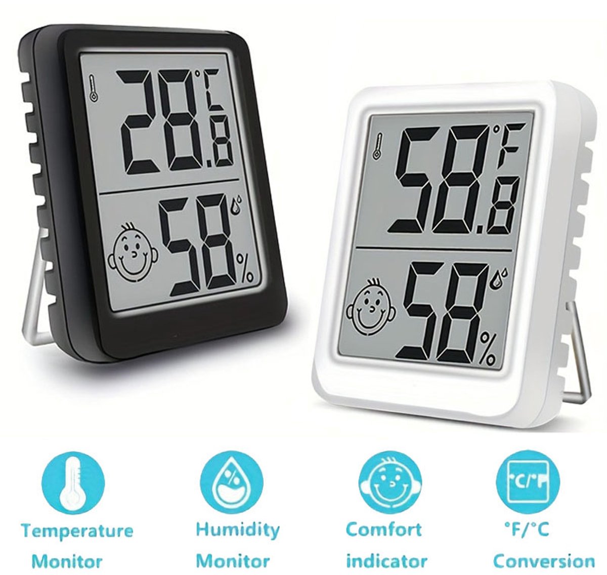 2x Digitale Mini-luchtvochtigheidsmeter voor binnen- Kamerthermometer - Hygrometer - Meet Vochtigheid en Temperatuur - Voor het Regelen van Het Klimaat - Wit Zwart