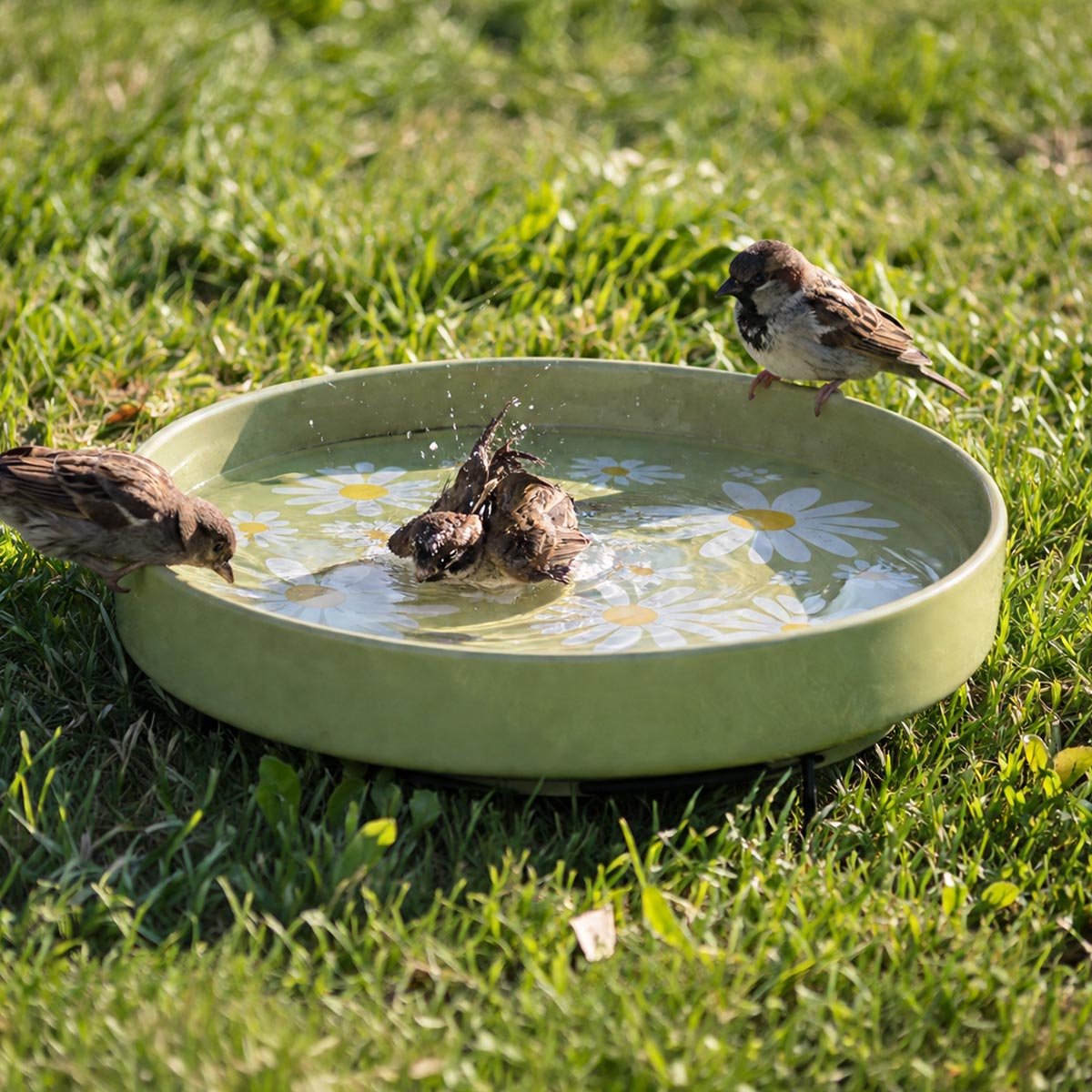 Vogelbad keramiek (Madeliefje) | Vorstbestendig tot -10°C | Inclusief metalen standaard | Diameter van 30 cm | Geschikt voor grote en kleine vogels