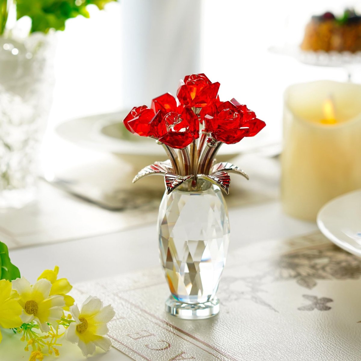 MTTProducts - Crystal Roos Figurine - Unieke Handgemaakte Glas Bloem - Elegante Decoratie - Rood - Perfecte Cadeau voor Valentijnsdag - Collectie Bloemen