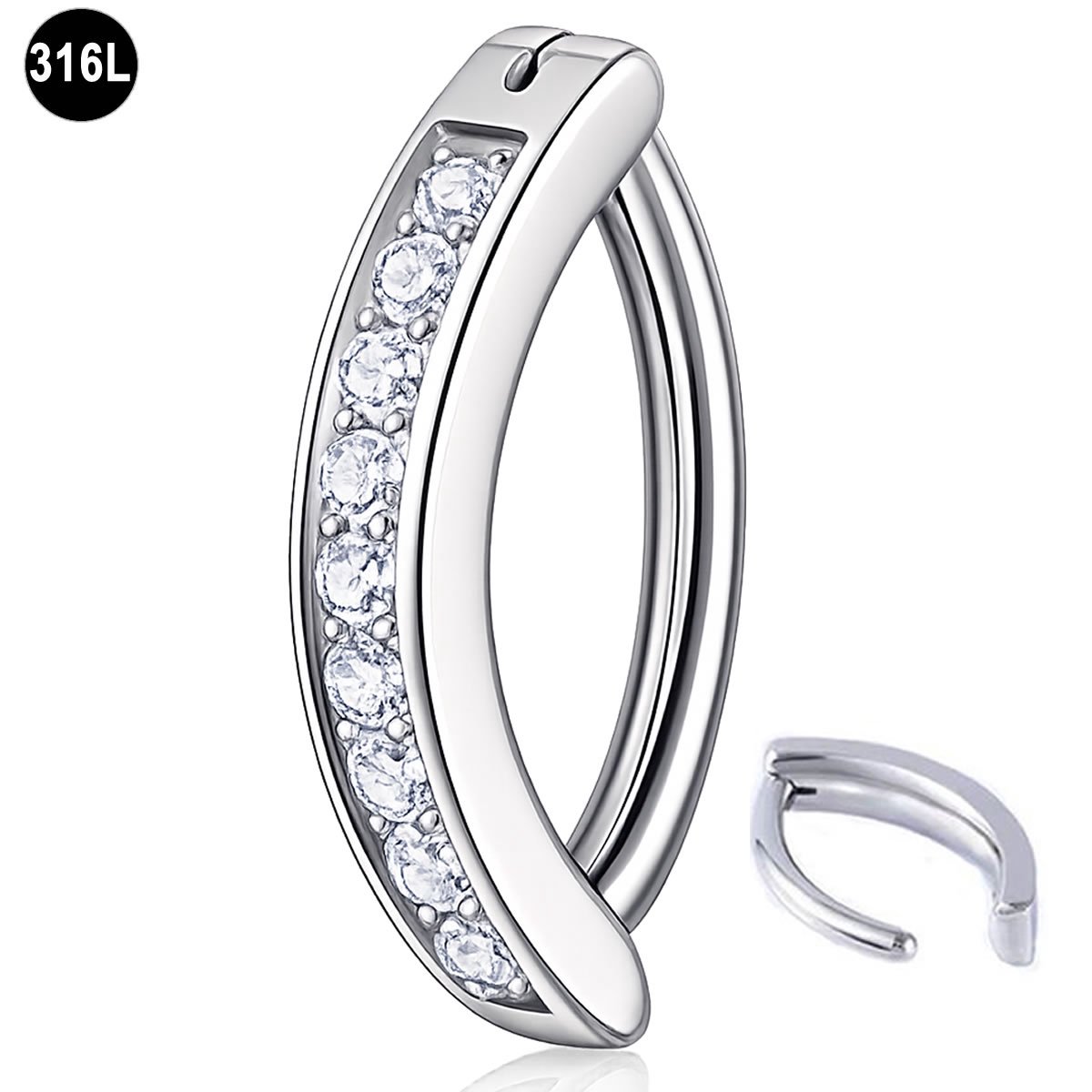 Clicker navelpiercing - steentjes - 316L Chirurgisch Staal – 1.6mm x 10 mm - Zilver