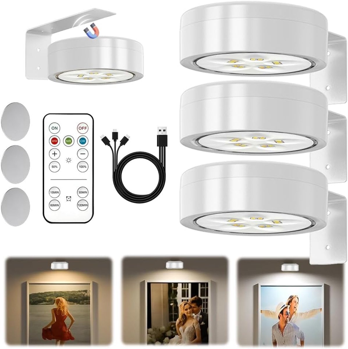 carmdering - 3 stuks - Schilderijlamp –Wandlamp binnen - Draadloze LED-fotolijstverlichting - USB-oplaadbaar - Op afstand bedienbaar - Wandverlichting - Werkt op batterijen - Spot - Olieverfschilderijen - Posters - Foto's - Wit