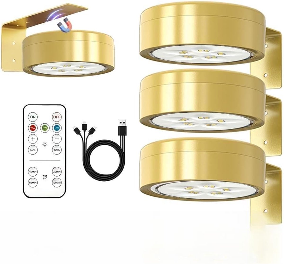 carmdering - 3 stuks - Schilderijlamp –Wandlamp binnen - Draadloze LED-fotolijstverlichting - USB-oplaadbaar - Op afstand bedienbaar - Wandverlichting - Werkt op batterijen - Spot - Olieverfschilderijen - Posters - Foto's - goud