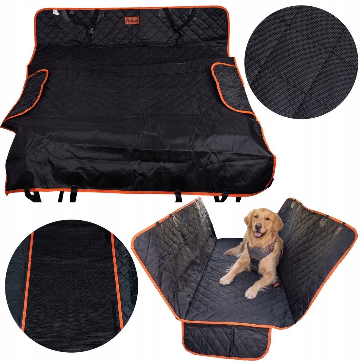 FIXCLIMA PET Hondendeken voor Auto Achterbank - 1.31 x 1.46 m - Waterdicht & Antislip - Universele Beschermhoes tegen Vuil, Haar en Vocht - Zwart/Oranje