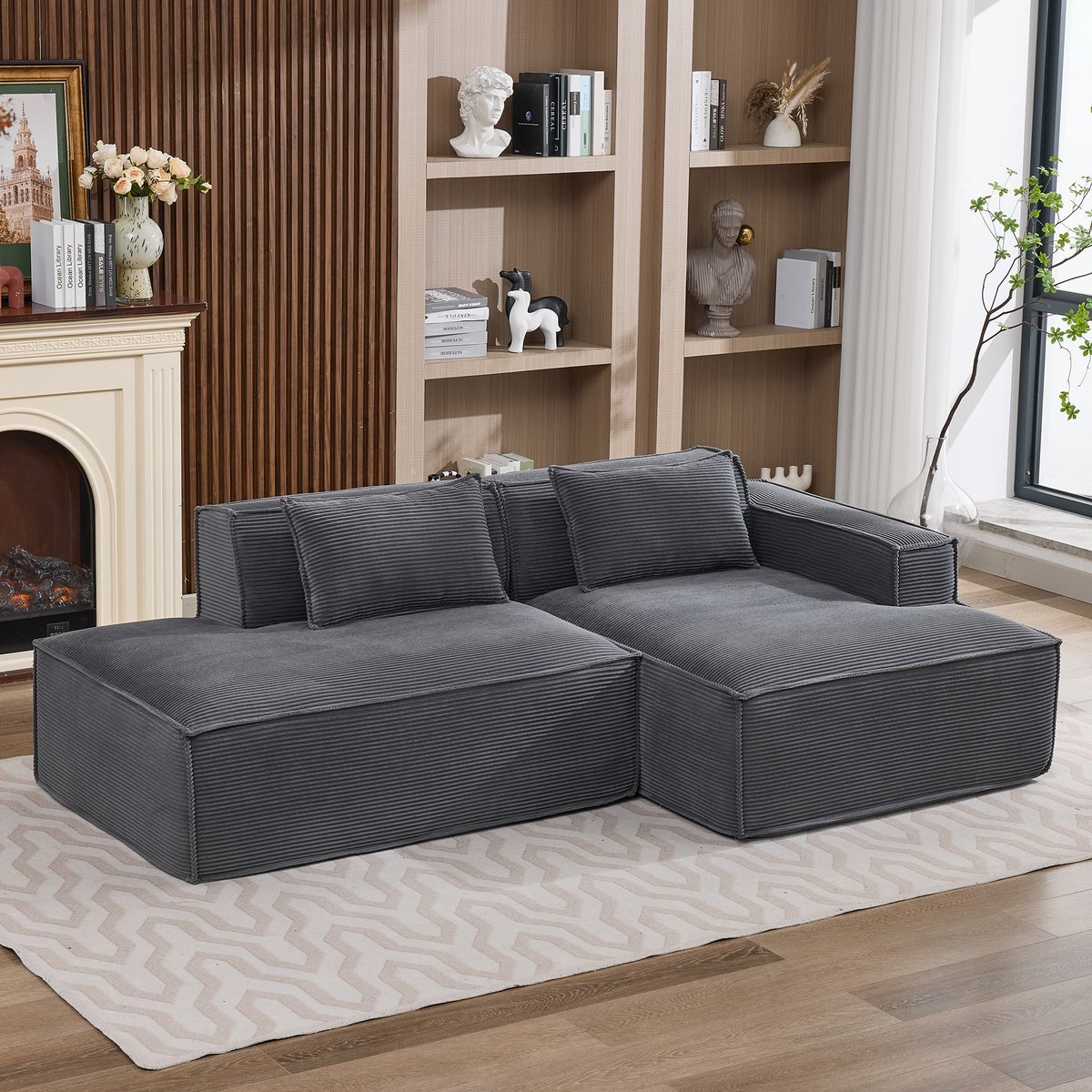 MODENUIT Sofa 235 cm - Compacte 3-Zits Met Twee Kussens - Voor Woonkamer, Appartement En Kantoor - Polyester Grijs