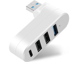 Sander Shop Mini USB 3.0-hub-adapter (1x 3.0, 2x 2.0, 1x Type-C), 4-poorts splitter draaibaar 90°/180°, snelle uitbreiding voor laptop, flashdrives, mobiele HDD, MacBook (wit)