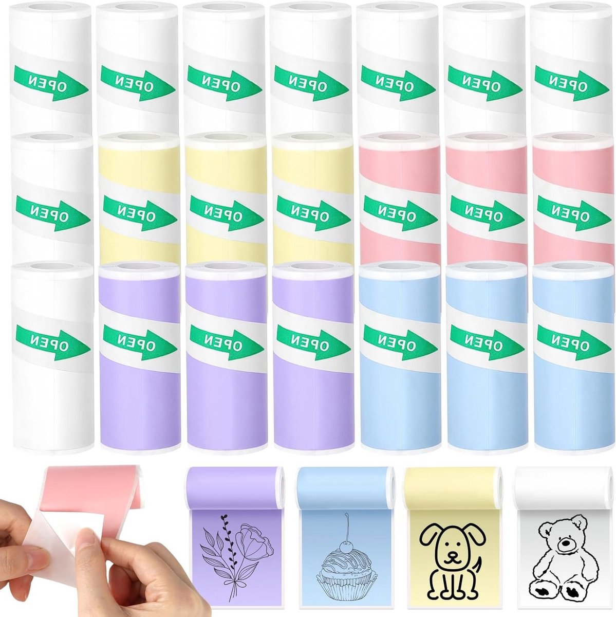 Thermisch papier rolletjes voor mini-printers - 21 zelfklevende rollen in 5 kleuren, 57 x 25 mm, ideaal voor instant foto camera's en knutselprojecten