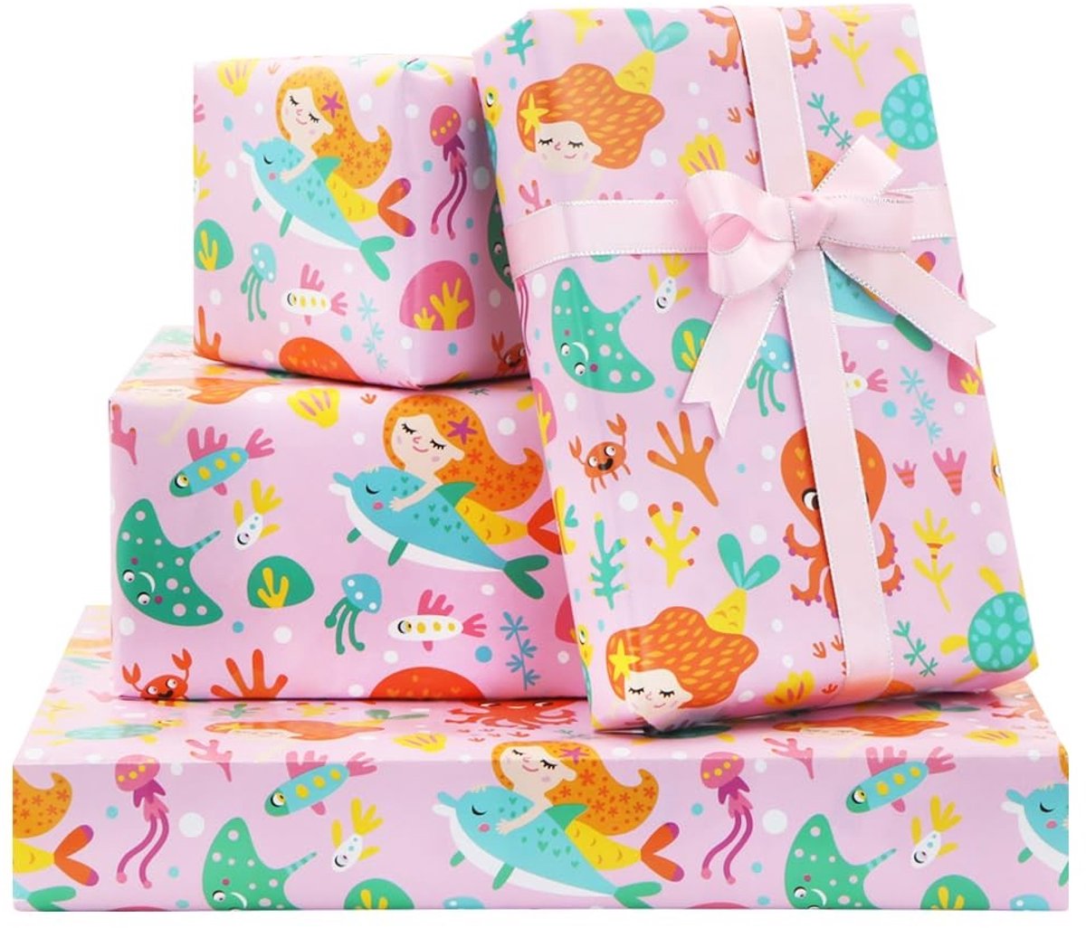 NTHProducts - Verpakkingspapier - Zeemeermin - Perfect voor verjaardagen - Roze - Cadeaupapier - Ideaal voor meisjes en kinderen - 4 vellen met lint