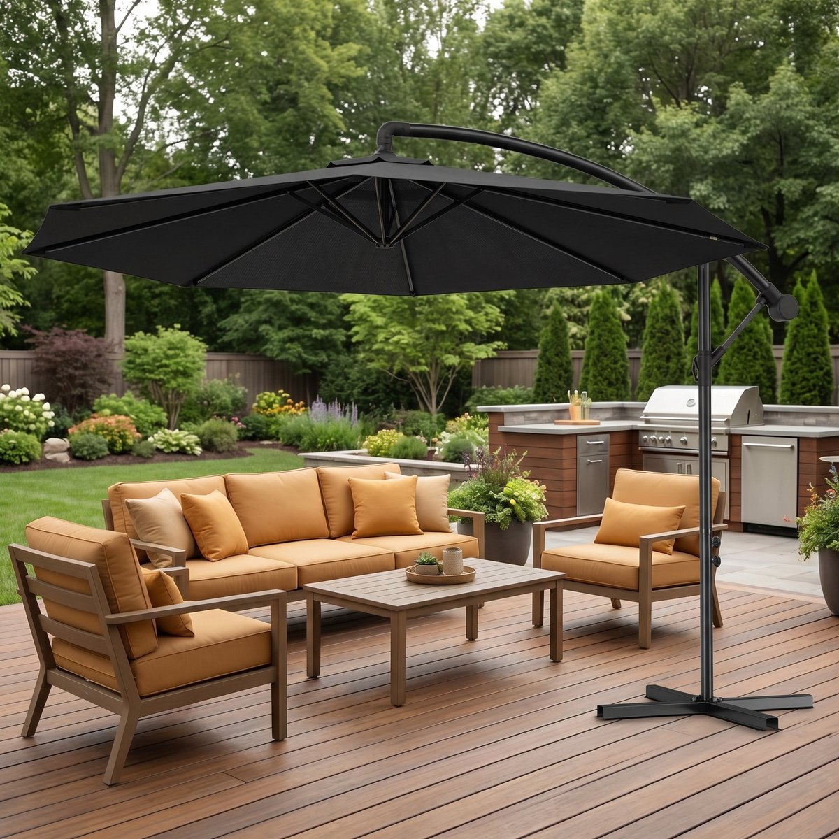 Zweefparasol Ø300 cm - Aluminium Parasol Kantelbaar 360° Draaibaar - Hangparasol met Kurbel UV-bestendig Waterafstotend - Tuinparasol Zonder Middenpaal - Donkergrijs