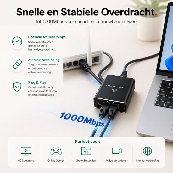 Zwarte 1000Mbps Ethernet splitter aangesloten op een router en laptop. Tekst: Snelle en Stabiele Overdracht.