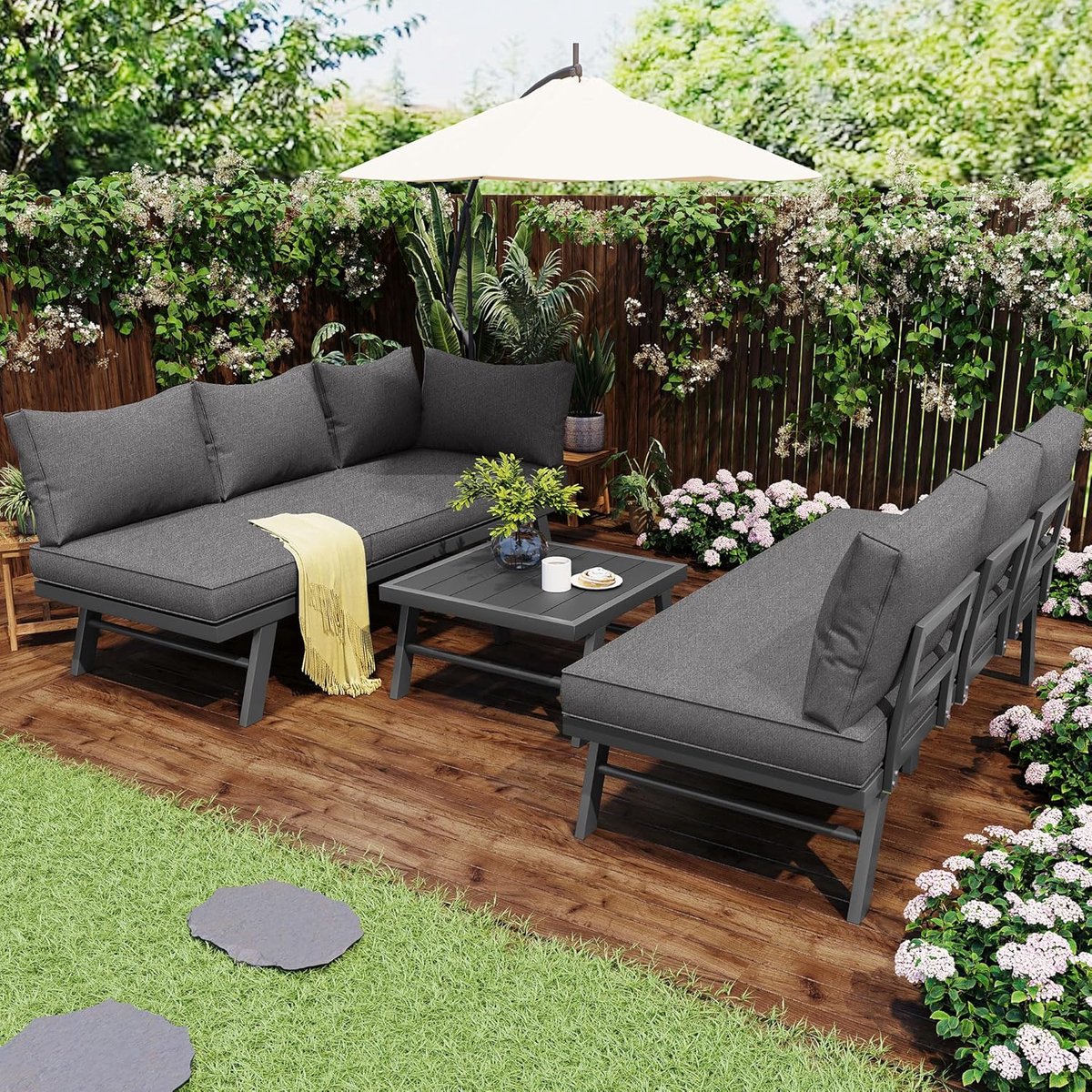 Loungeset Tuin 5-6 Personen 226x61x65 cm + 173x61x65 cm – Hoek Loungeset met Tafel 55x45x36 cm, 7 Kussens, Verzinkt IJzeren Frame, Weerbestendig Donkergrijs – HomebyNicole