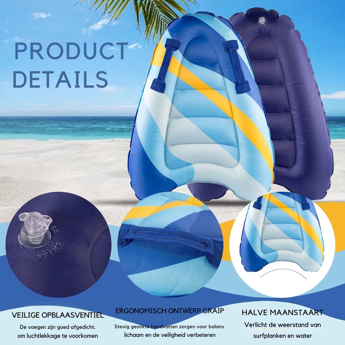 RUX® Bodyboard Kind Skimboard Bodyboard – 75cm x 65cm x 15cm Blauw