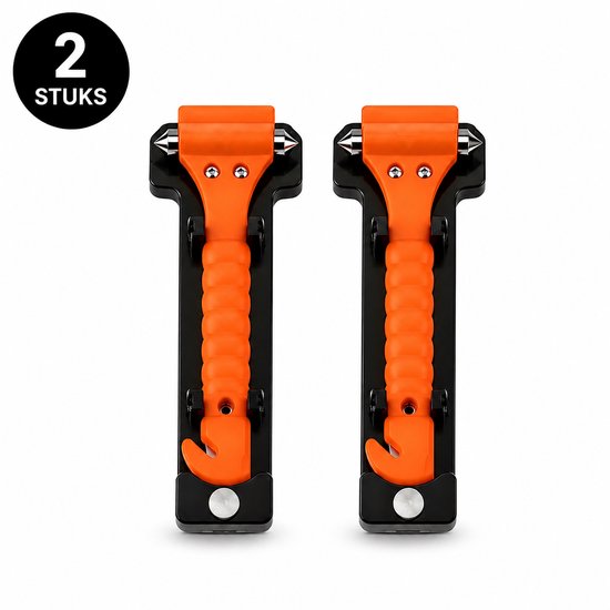Twee oranje en zwarte veiligheidshamers met antislip handvat en gordelsnijder. "2 STUKS" is zichtbaar.