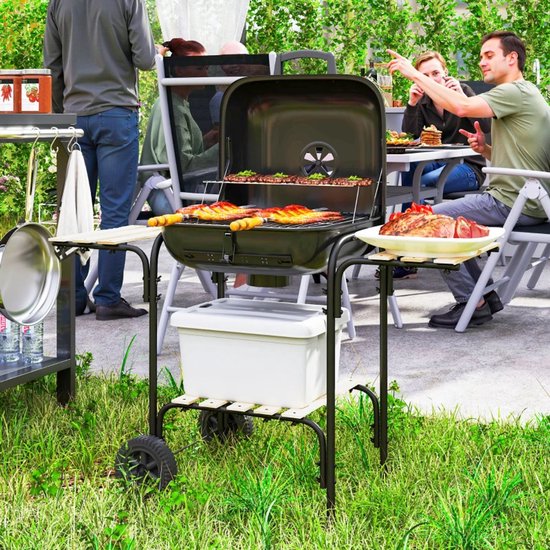 Premie Stalen Houtskool Barbecue - Smoker Barbecue - Houtskoolgrill - Grillwagen met Afsluitbaar Deksel, Wielen, Handvat, Houten Plank - BBQ voor Kamperen, Buiten, Tuin - 98 x 54 x 91 cm - Zwart van Merkloos — afbeelding 4