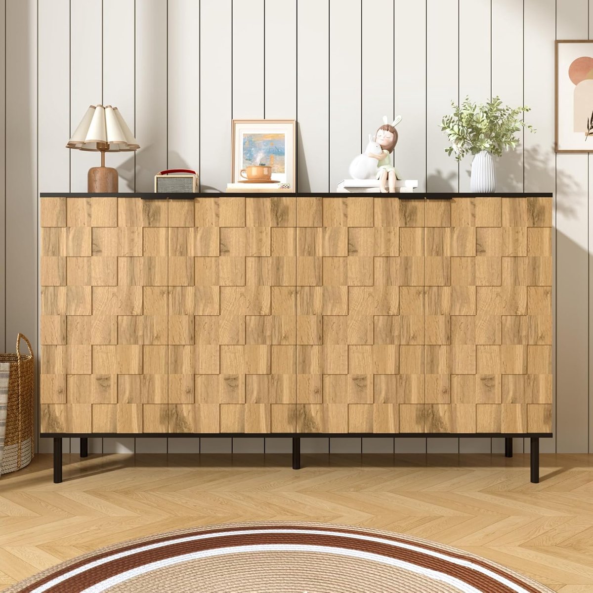 Design Dressoir met 3D Mozaïek Fronten en Metalen Poten - Naturel Houtlook - 160x35x80,5 cm