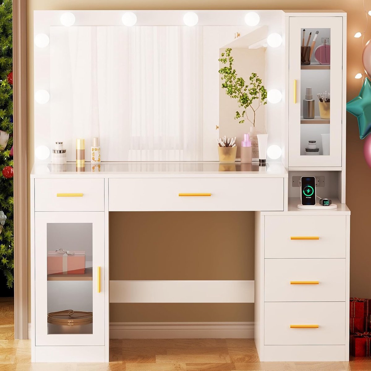 Luxueuze Grote Make-up Kaptafel met LED Verlichting, Spiegel, Stopcontacten en USB – 125x40x140 cm, 5 Lades, Glazen Werkblad, Wit