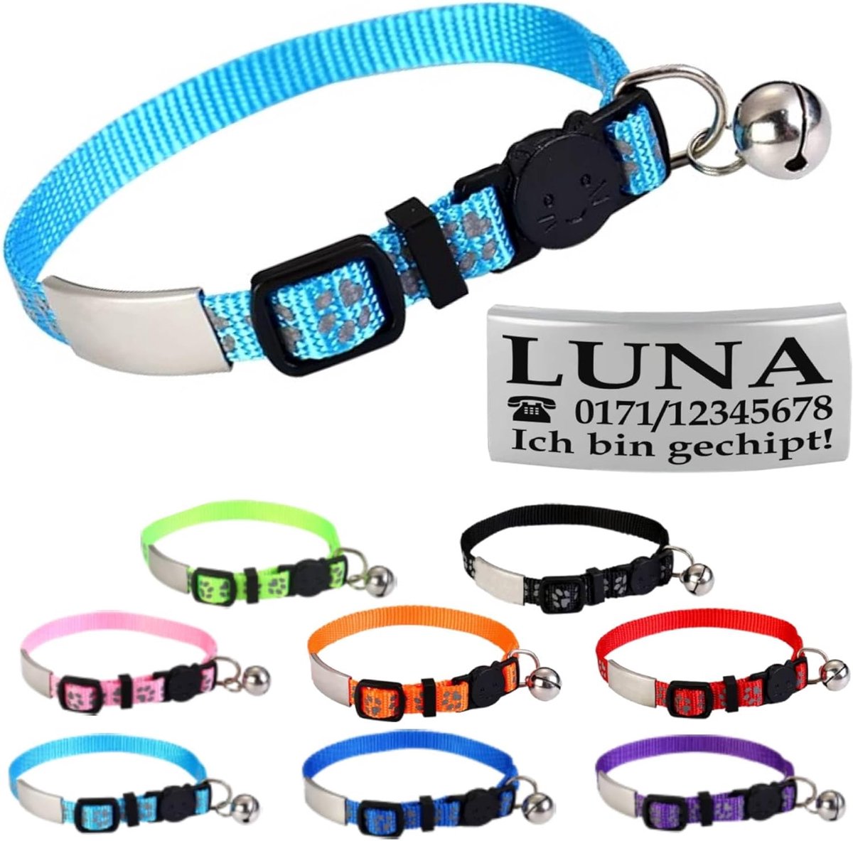 Gepersonaliseerde kattenhalsband met naam, voor katten, met veiligheidssluiting, zelfopenend, reflecterend (lichtblauw)