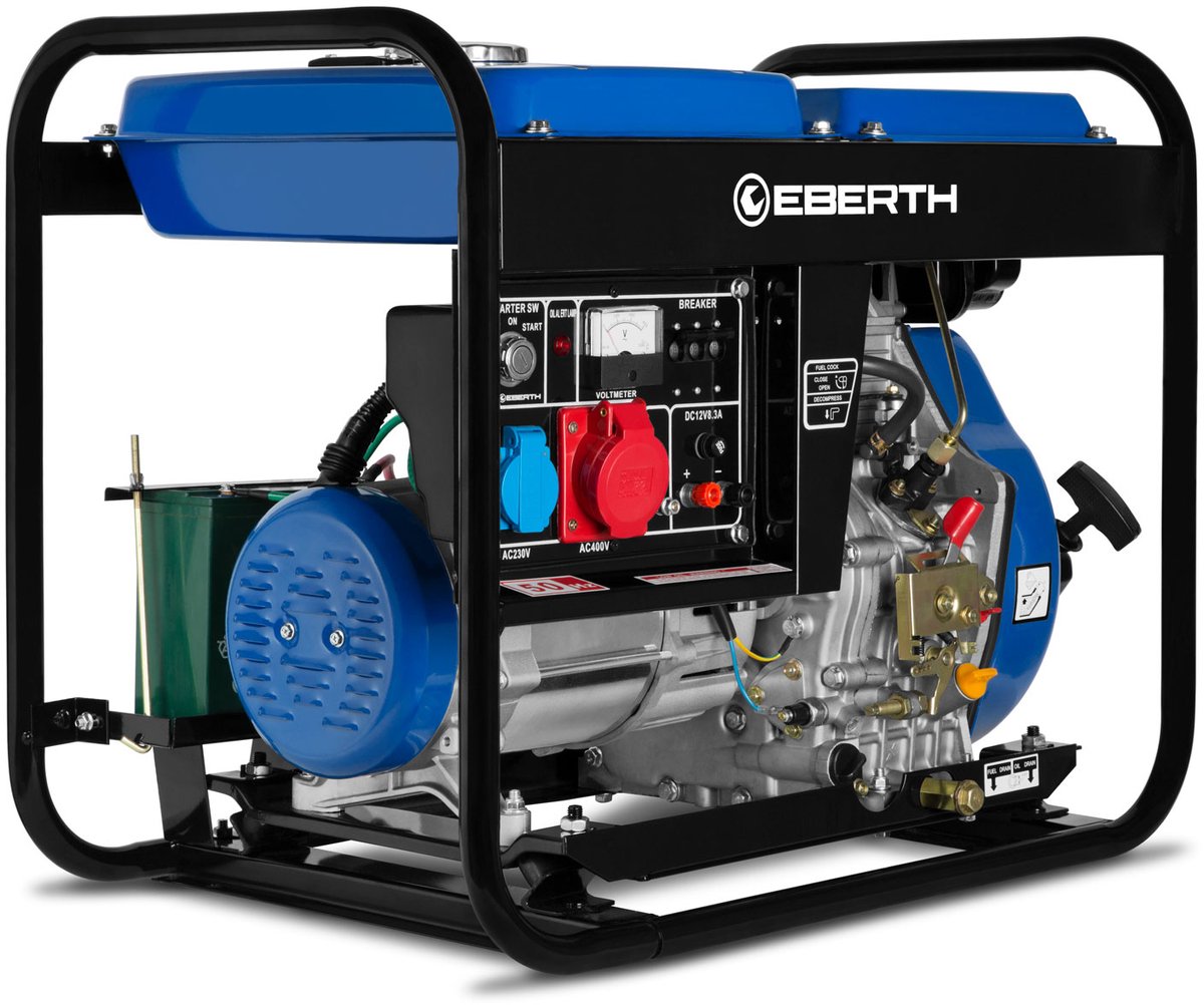 EBERTH 5000 watt dieselnoodstroomaggregaat, stroomgenerator met 10 pk dieselmotor, viertakt, elektrische starter, driefasig, 1x 400 V, 1x 230 V, 1x 12 V, automatische spanningsregelaar (AVR), oliepeilbeveiliging