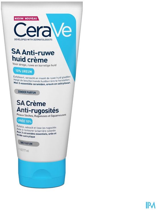 CeraVe SA anti-ruwe huidcrème met 10% ureum en salicylzuur, zonder parfum.