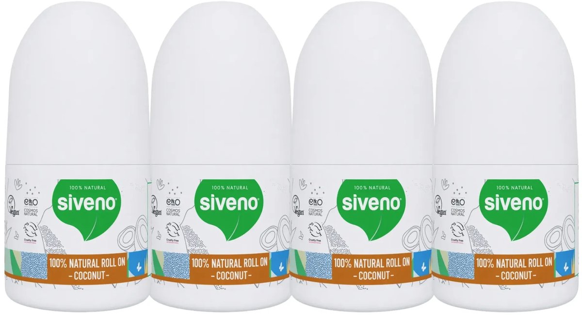 Siveno 100% Natuurlijke Roll-On Deodorant Kokos Voordeelverpakking 4 Stuks
