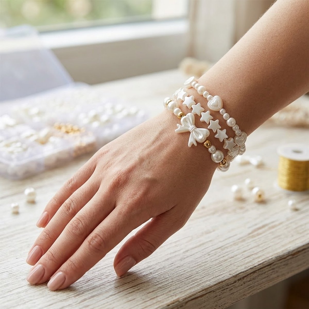 Wit kralen set sieraden maken dames DIY pakket met parel kralen mix hart ster bloem vormen inclusief opberg doos voor armband ketting telefoon hanger knutselen — cadeau in Hobby - foto 5