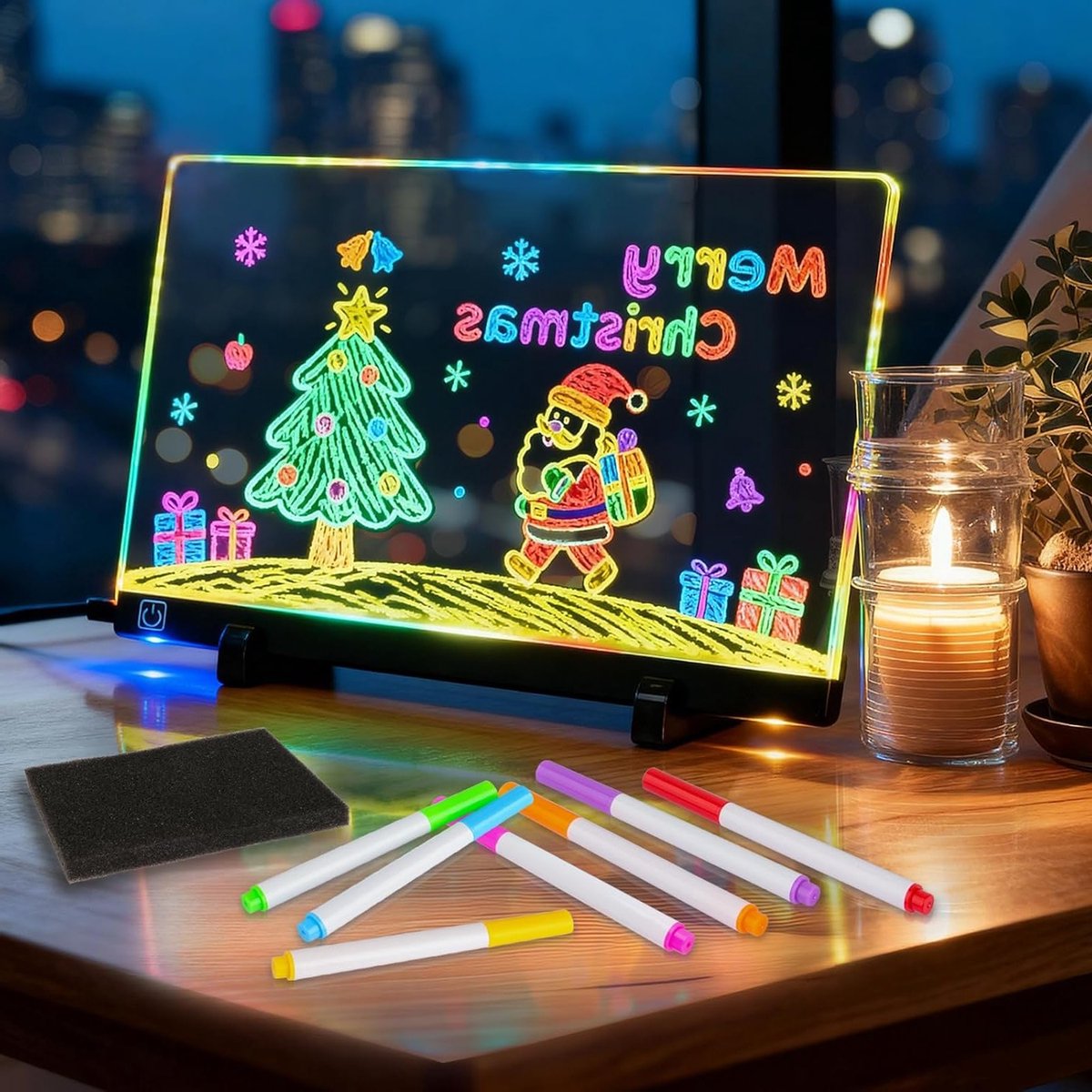 Kleurveranderend Notitiebord van Transparant Acryl met 7 Neon Stiften en LED Verlichting, Ideaal voor Kantoor, Café en School