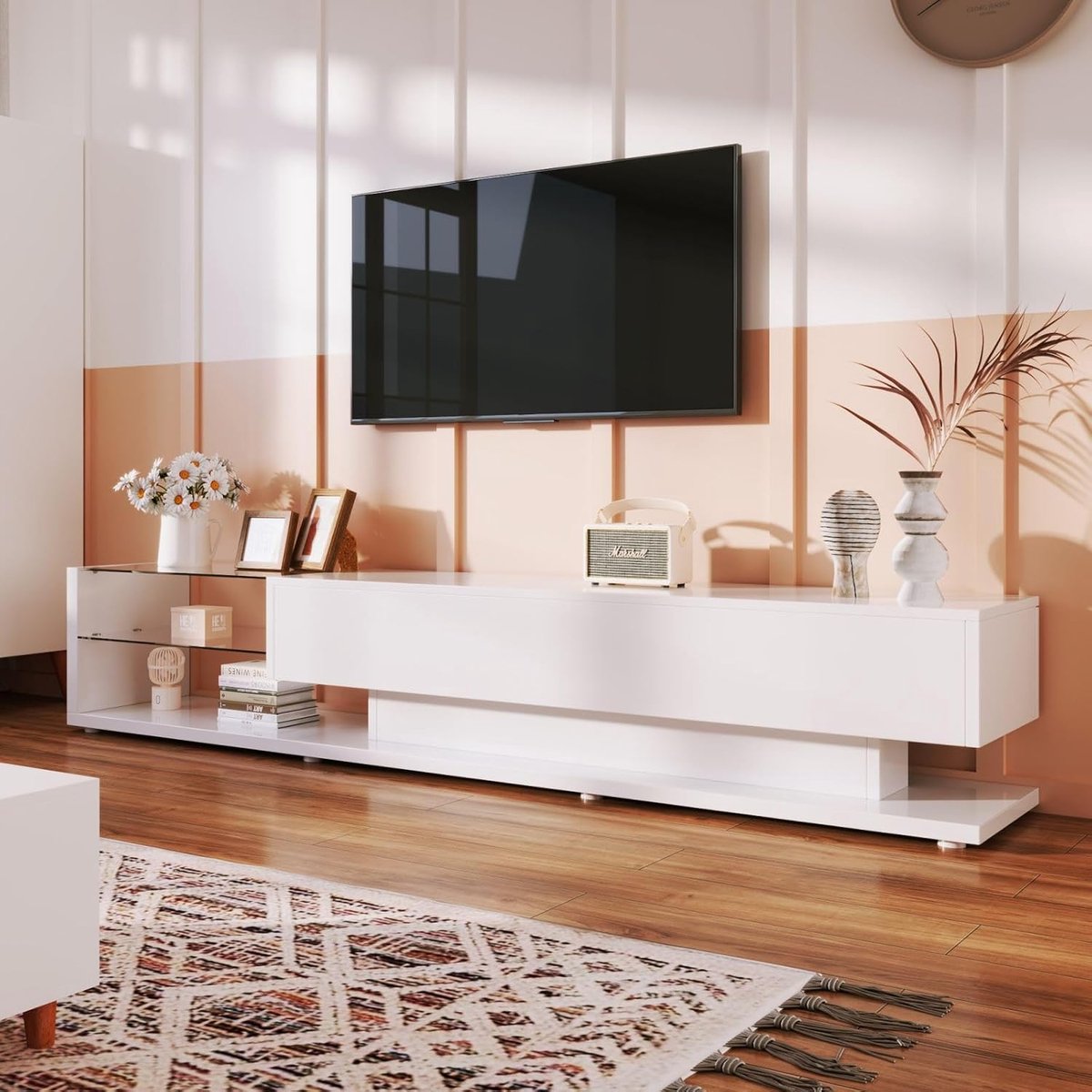 Modern Wit TV Meubel met LED Verlichting, Opberglades en Glazen Planken 170 cm – TV Dressoir voor Woonkamer & Slaapkamer 170 x 36 x 38 cm