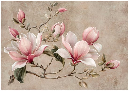 Beige fotobehang met roze magnoliabloemen en bloemknoppen op takken, tegen een rustieke achtergrond.