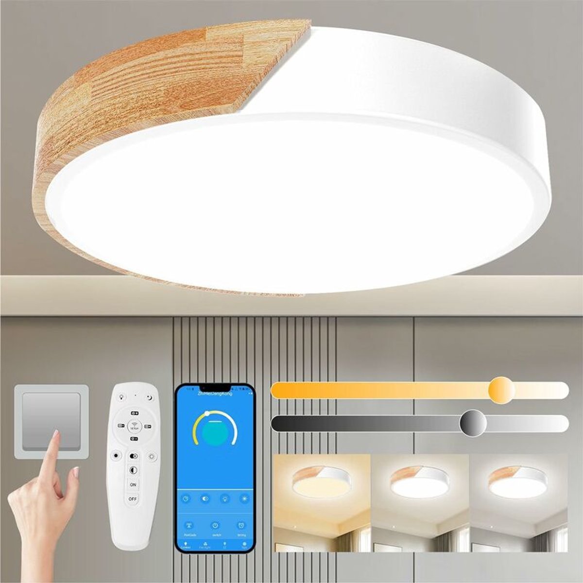 Houten plafondlamp, dimbaar (3000K-6000K), LED-plafondlamp geschikt voor afstandsbediening, 24W moderne verlichting, geschikt voor woonkamers, slaapkamers en hallen, 30 cm, wit.