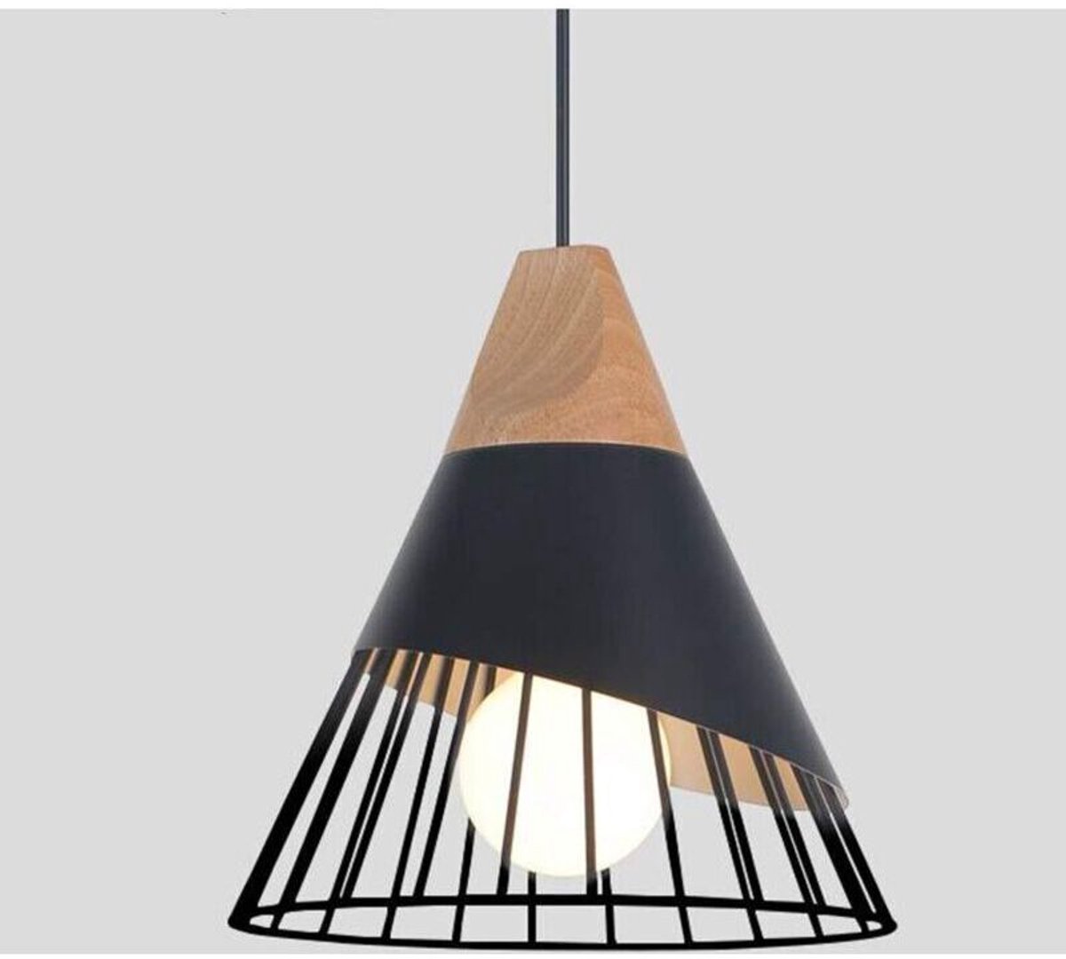 Moderne hanglamp in industriële stijl, gemaakt van hout, geschikt voor een geschikt vooralen lampenkap en E27 fitting. Deze minimalistische hanglamp geschikt voor kooiconstructie is een creatieve,