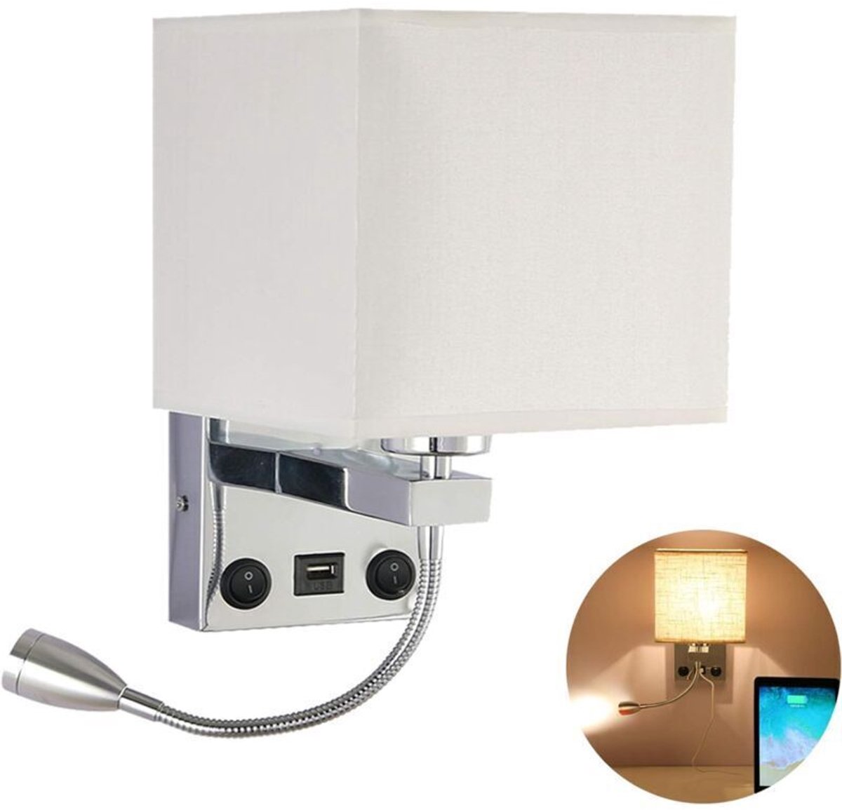 Nachtlampje, flexibele USB LED-wandlamp, leeslamp, geschikt voor draaibare arm, geschikt voor de slaapkamer, E27 wandlamp nachtlampje (lamp niet inbegrepen) (1 geschikt voor USB-interface)