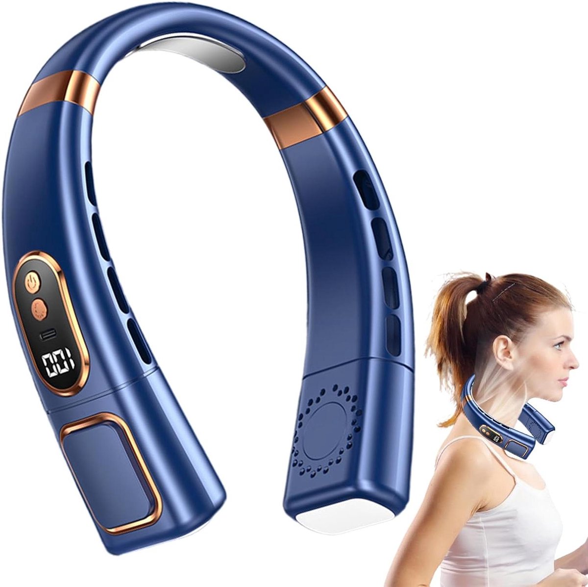 Draagbare Nekventilator - Persoonlijke Ventilator - Reizen en Buiten - Vijf Snelheden - 63x22x63 cm - Blauw