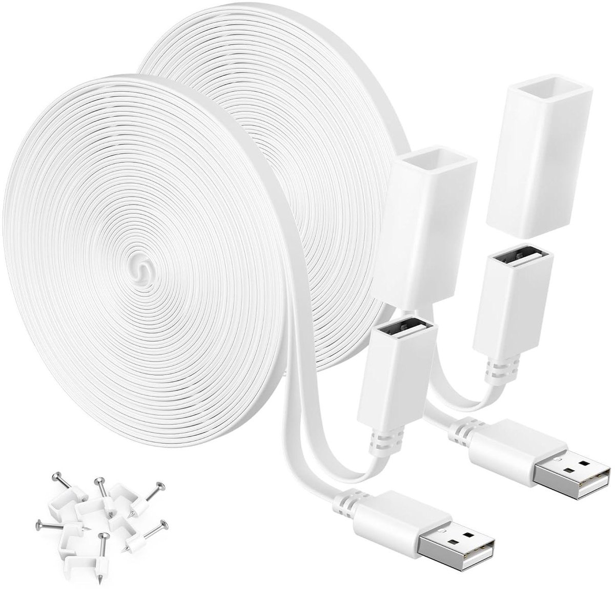 USB Verlengkabel - Stroomkabel Platte - Camera Voeden - Waterdicht Ontwerp - 2 x 9 Meter - Wit