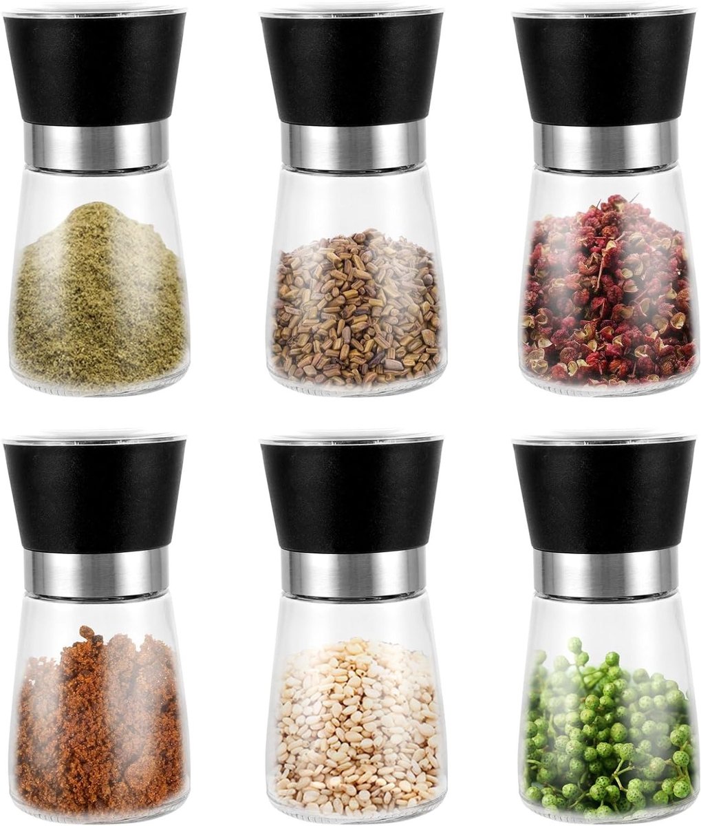 Set van 6 Peper- en Zoutmolens, 180 ml Kruidenslijper met Handmatige Verstelbare Keramische Maalmechanisme, Transparante Specerijenmolens voor Diverse Specerijen en Kruiden