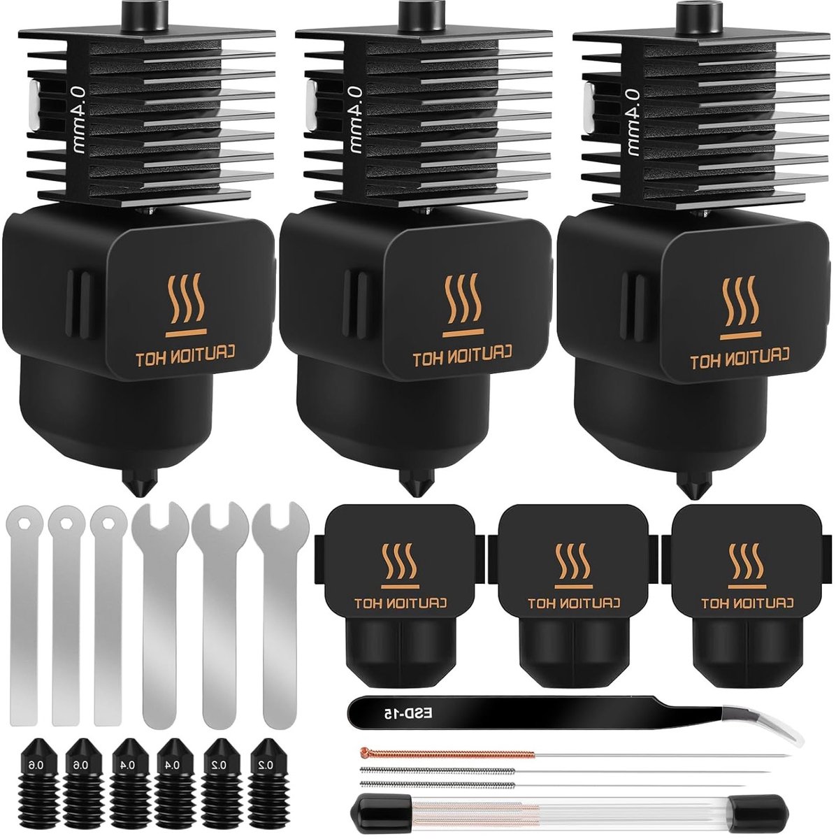 Upgrade Kit voor Mini Hot End 3D Printers - 3 Pack met 0.2/0.4/0.6 mm Nozzles, Silicone Moffen en Reinigingsnaalden