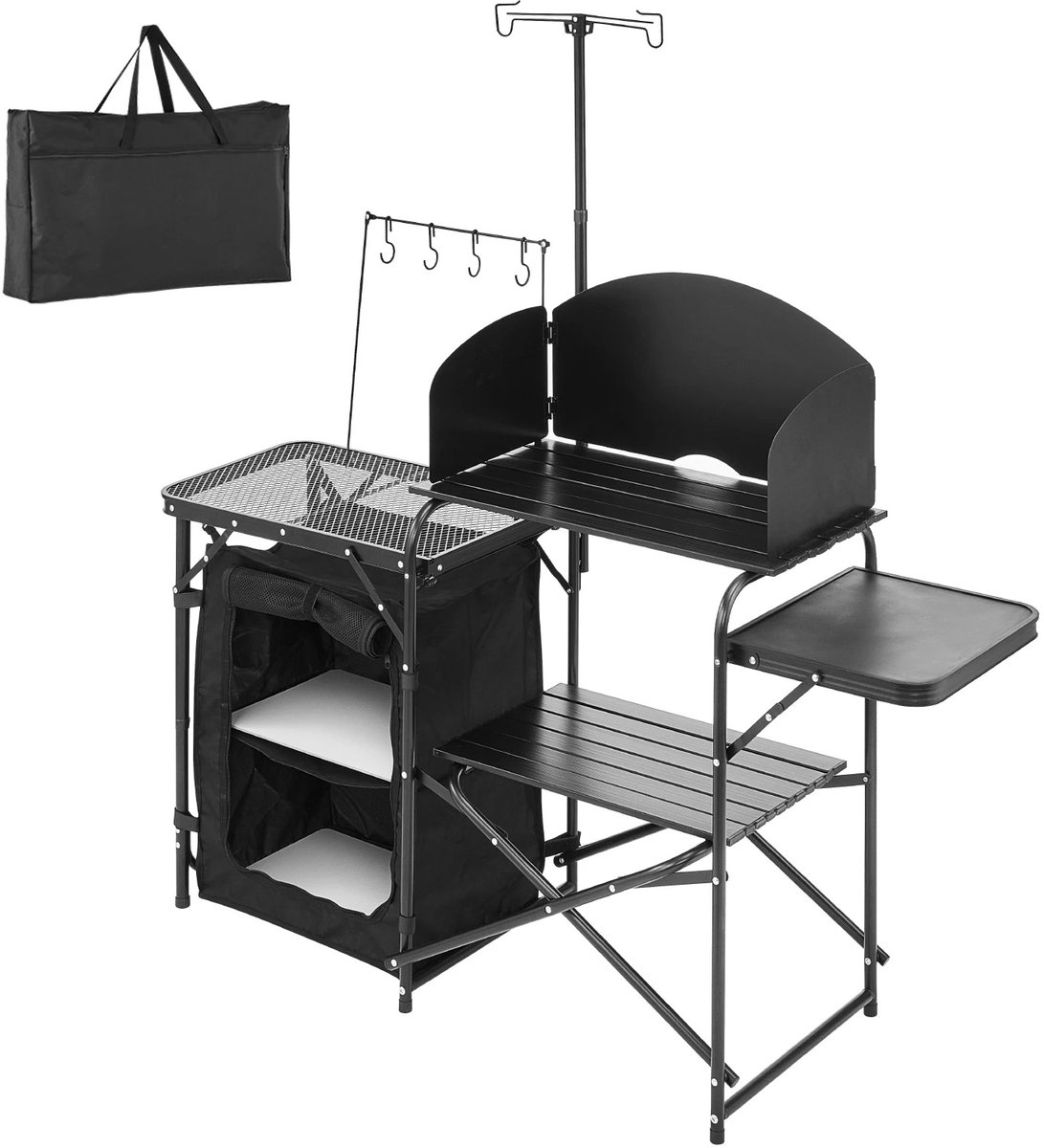 MakkelijkMooi Campingkeukentafel - Buitenkeuken - Ophanghaken & Lampenhouder - Geïntegreerd Windscherm - Compact en Draagbaar-