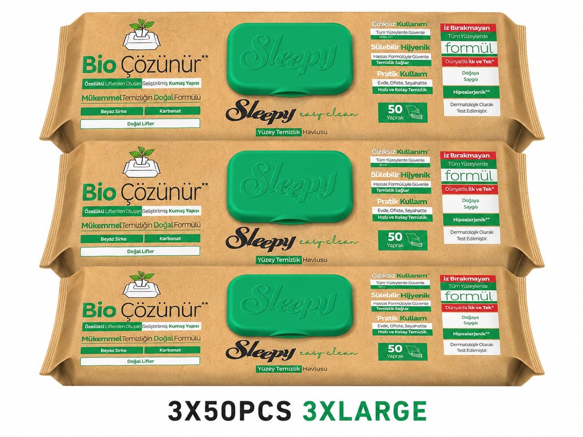 Sleepy Easy Clean Bio Solution Surface Cleaning Wipes – 3 x 50 Wipes (150 Total) 3X LARGE – Natural Fibers – White Vinegar & Baking Soda – Multi-Purpose Cleaning