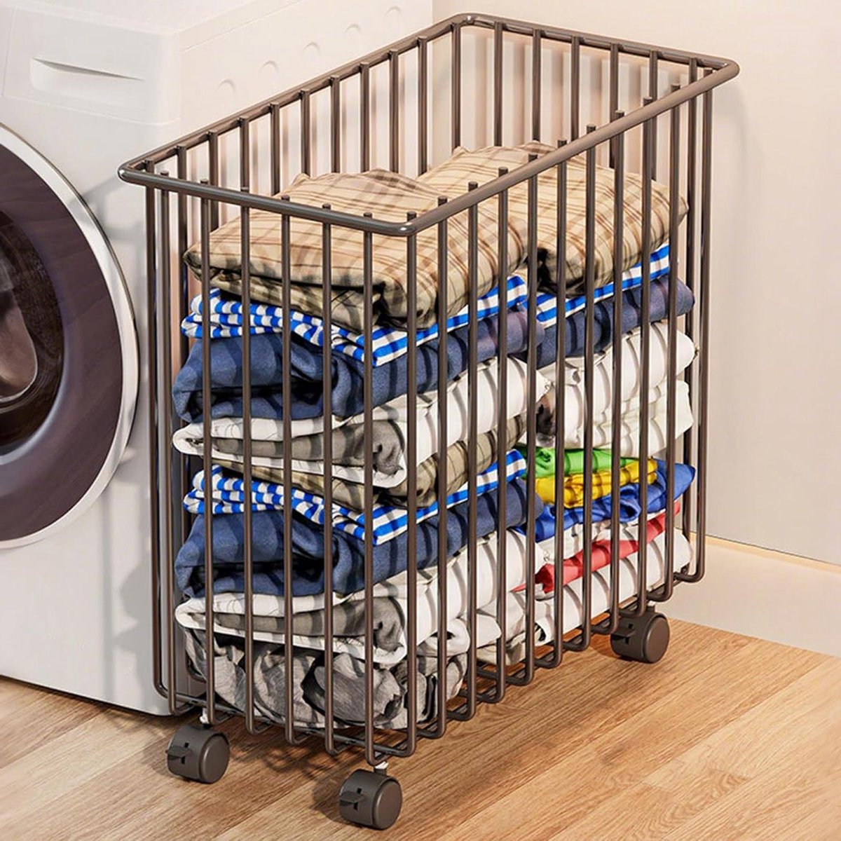 Wasmand op wieltjes Opbergmand vuile was Ruimtebesparend opbergen Verdikte metalen constructie 56x53cm Zwart