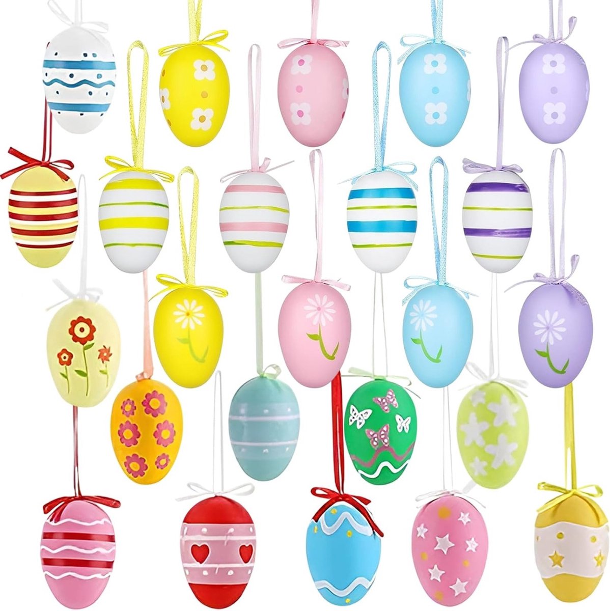Kleurige Hangende Paaseieren, 24 Stuks van 6 cm, Plastic Decoratie voor Buiten, Creatieve Paasknutsels met Zijde Lint voor Feestelijke Versiering