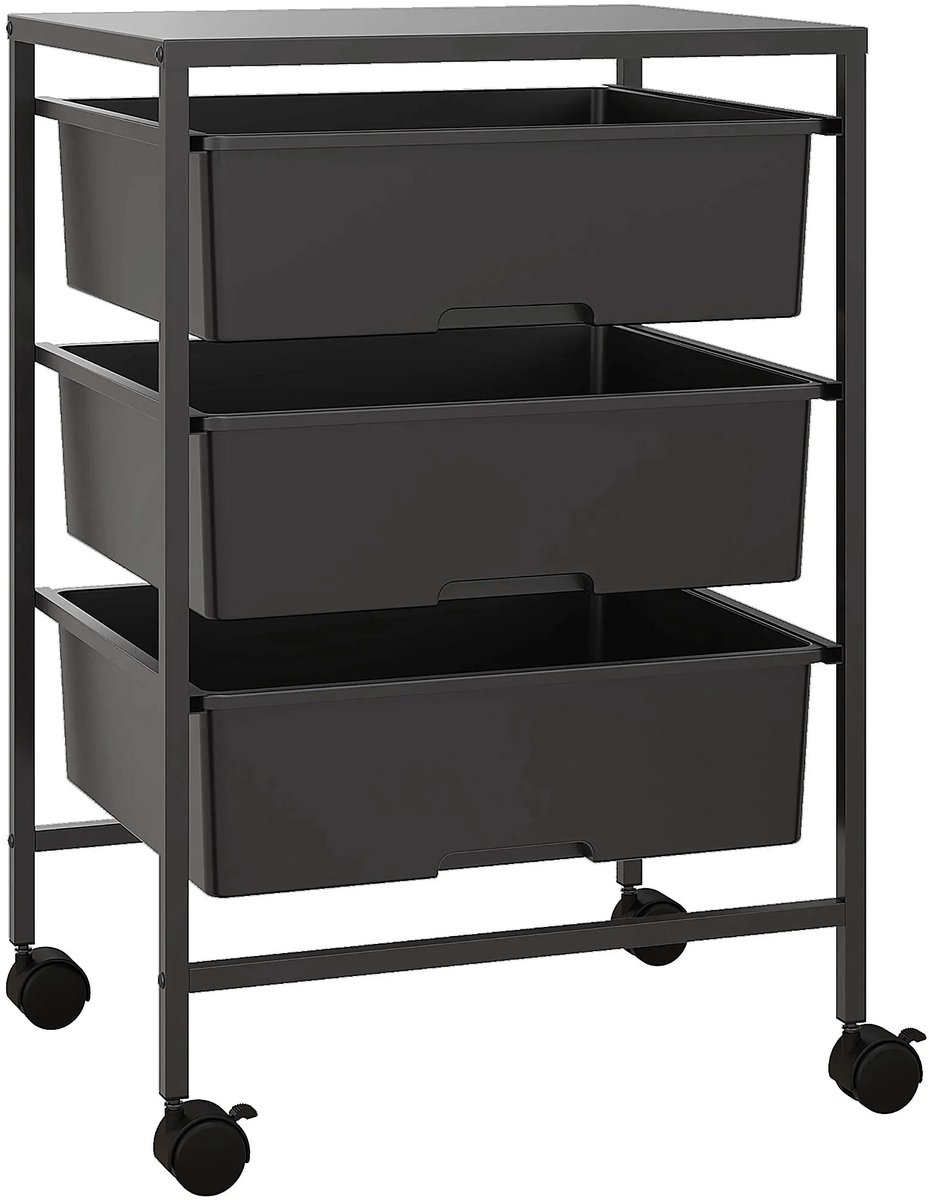 Roossentials trolley op wielen - Opbergkar - Rolwagen - Kantoor - Opbergwagen - Hulpwagen met wielen - Roltafel Met 3 manden - Zwart
