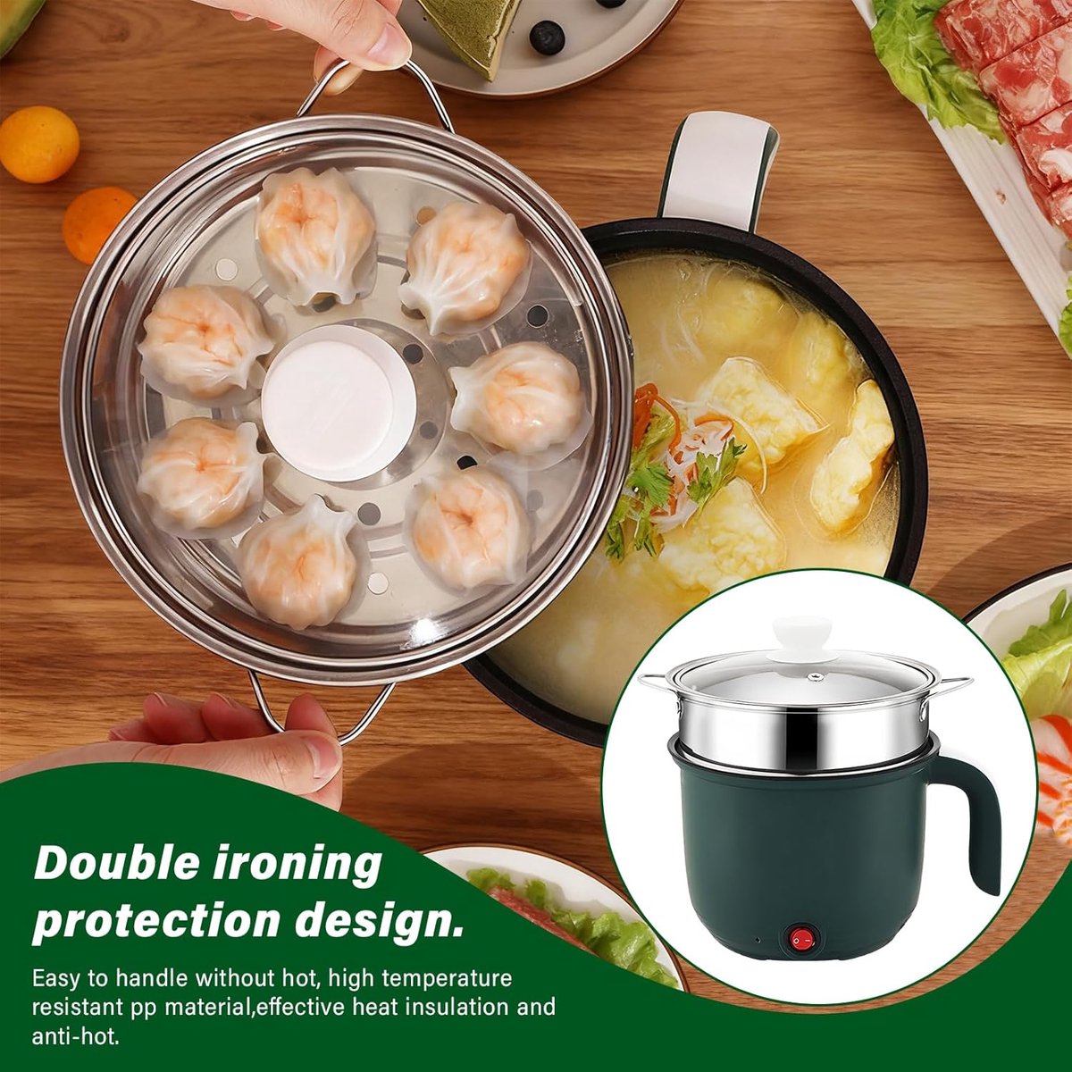 Elektrische Kookpan - Mini Multicooker - Snelle Maaltijden - Met Stoommandje - 1.5 Liter - Groen – foto 4