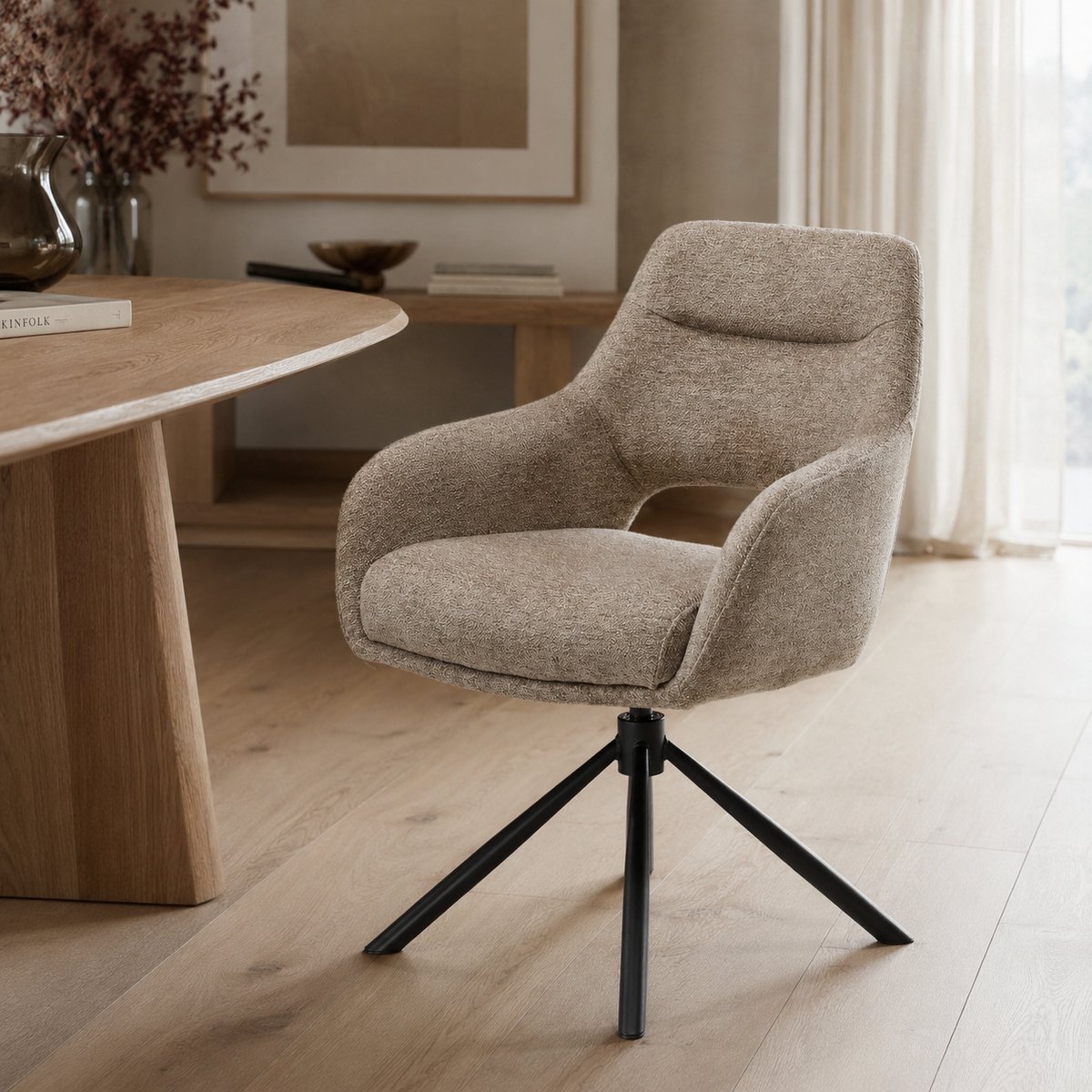 Eetkamerstoel Lucas - 360 graden draaibaar - Auto return - Raven Stof - Taupe