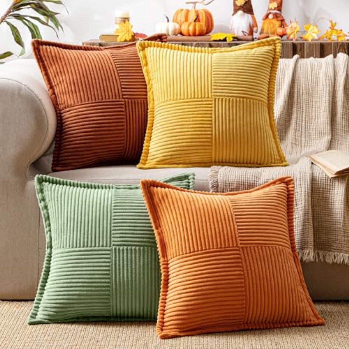 PromoHome Corduroy kussenhoezen set van 4 - 50x50 cm decoratieve patchwork sierkussenhoezen met onzichtbare rits - Zachte kussenslopen voor bank, sofa, woonkamer - Groen Oranje