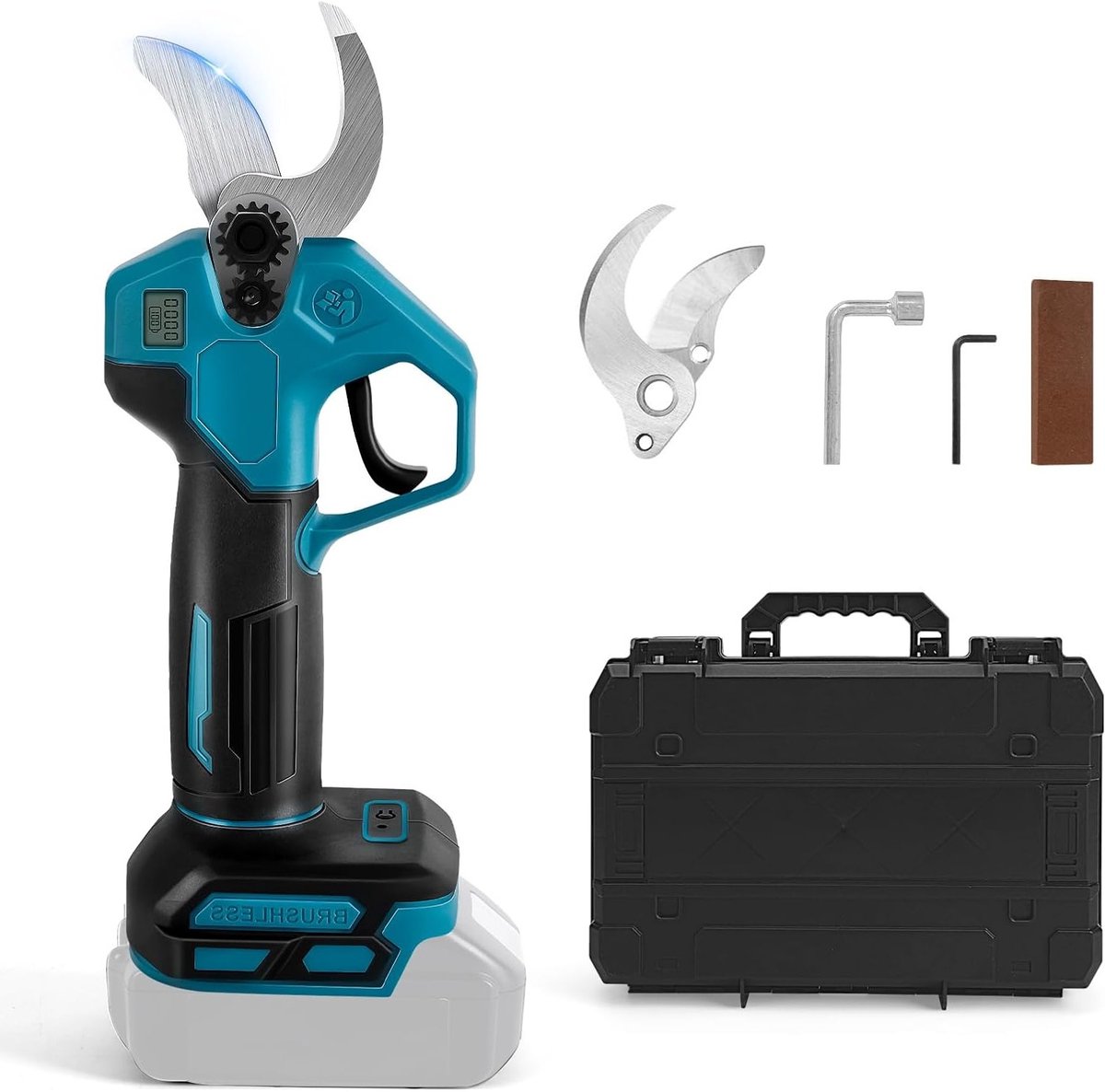 Snoeischaar met 2 versnellingen, digitaal display, 30 mm snijdiameter, slijpsteen - accu compatibel met 18V - handheld elektrisch - reservemessen