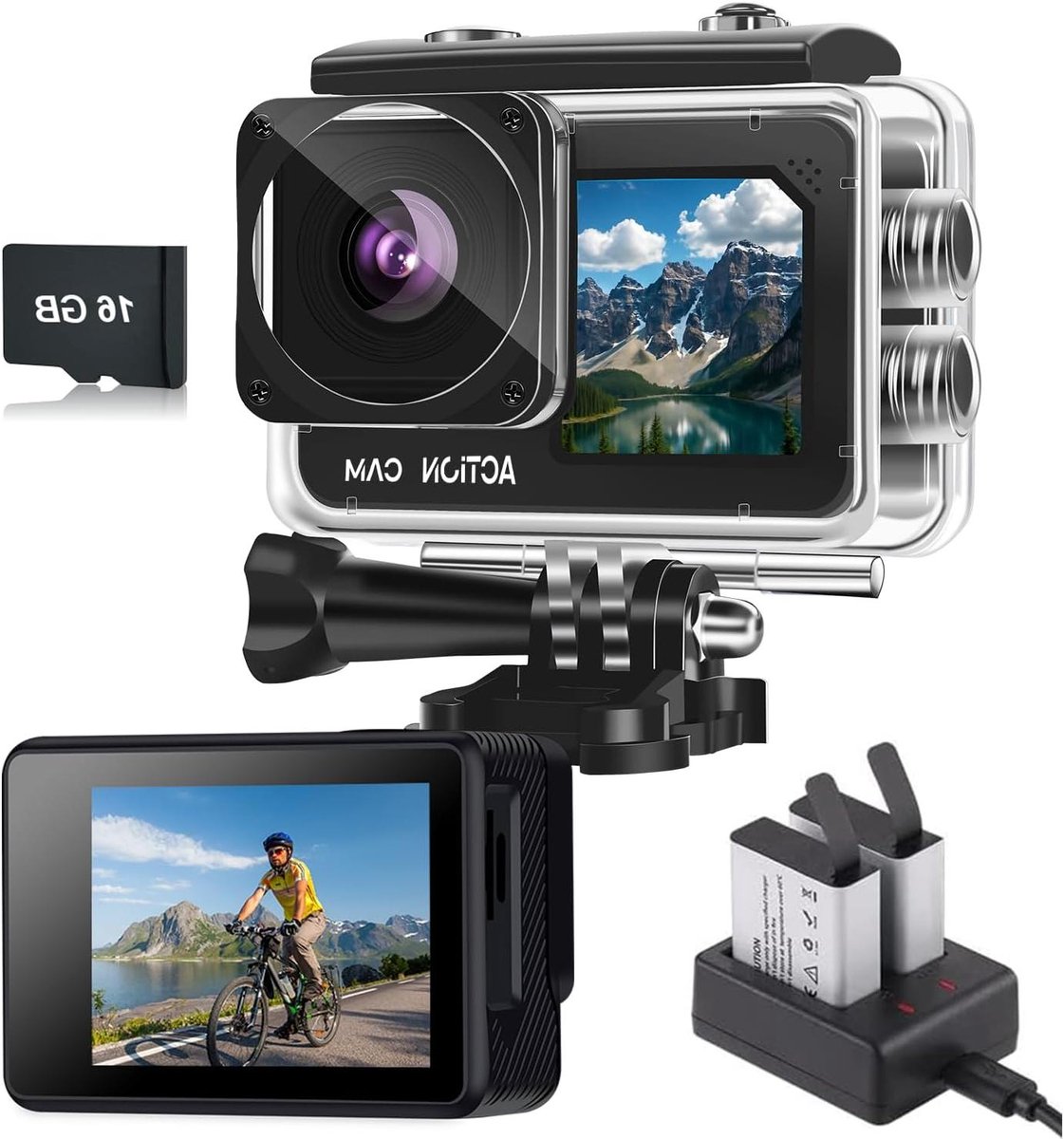 Actiecamera Set - Onderwatercamera Sportcamera - Avontuur Vastleggen - Dubbele Schermen - 40m Waterdicht - Zwart Blauw