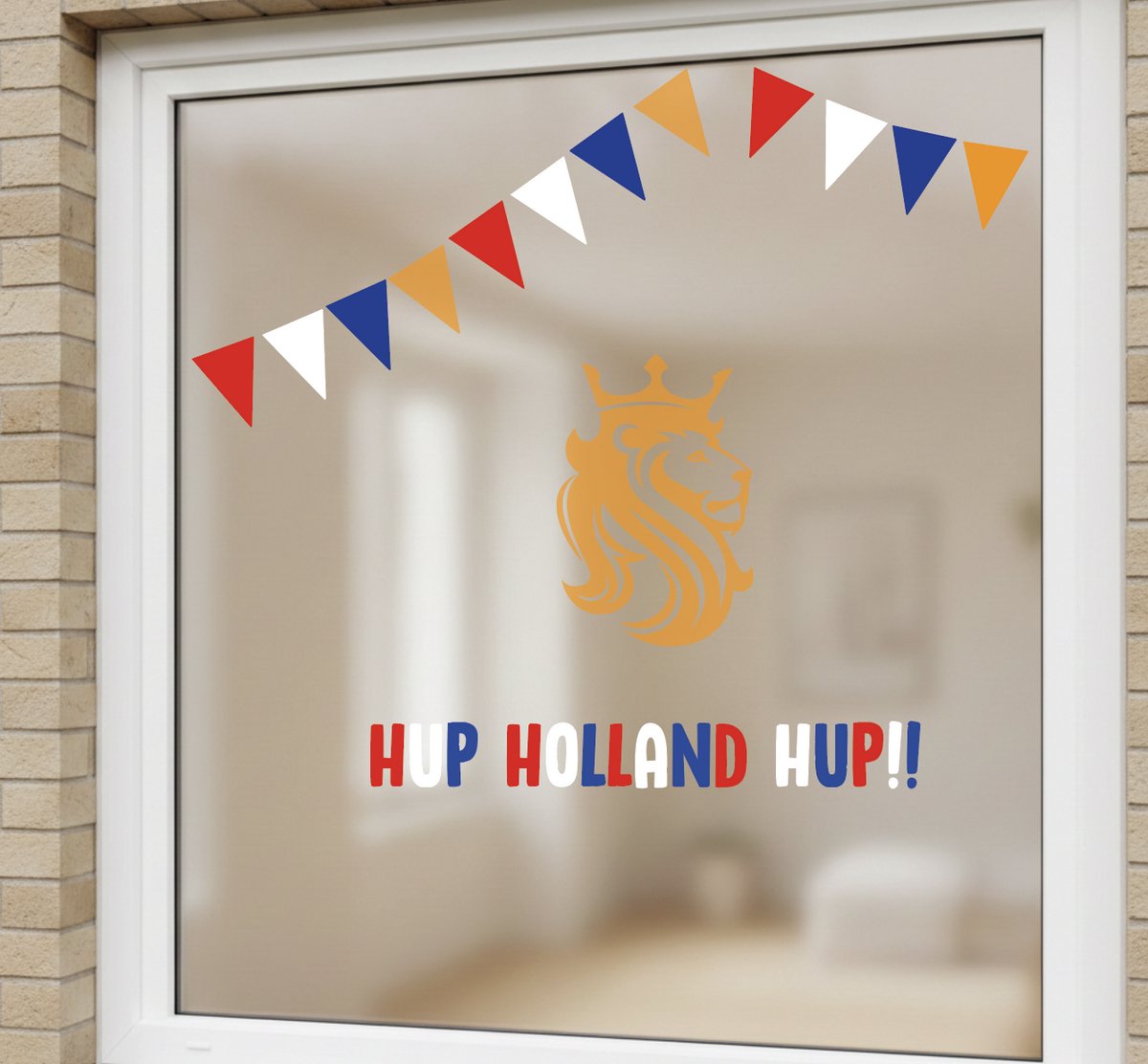 Oranje raamstickers WK/EK – Leeuw met kroontje, vlaggenlijn en Hup Holland Hup – herbruikbare voetbal raamstickers