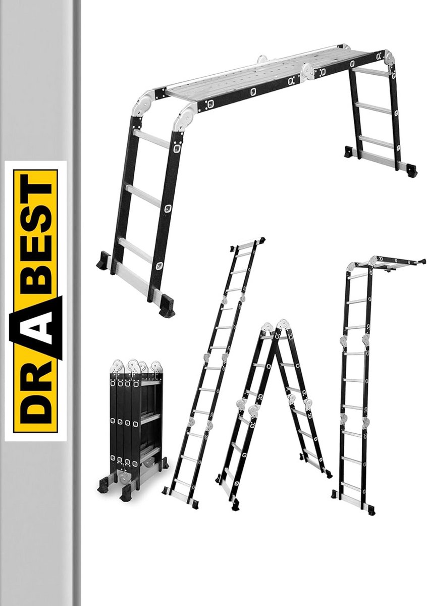 Scharnierende ladder - Vouwladder aluminium - Veelzijdig klussen - Met werkplatform - 4x3 sporten - Zilver zwart