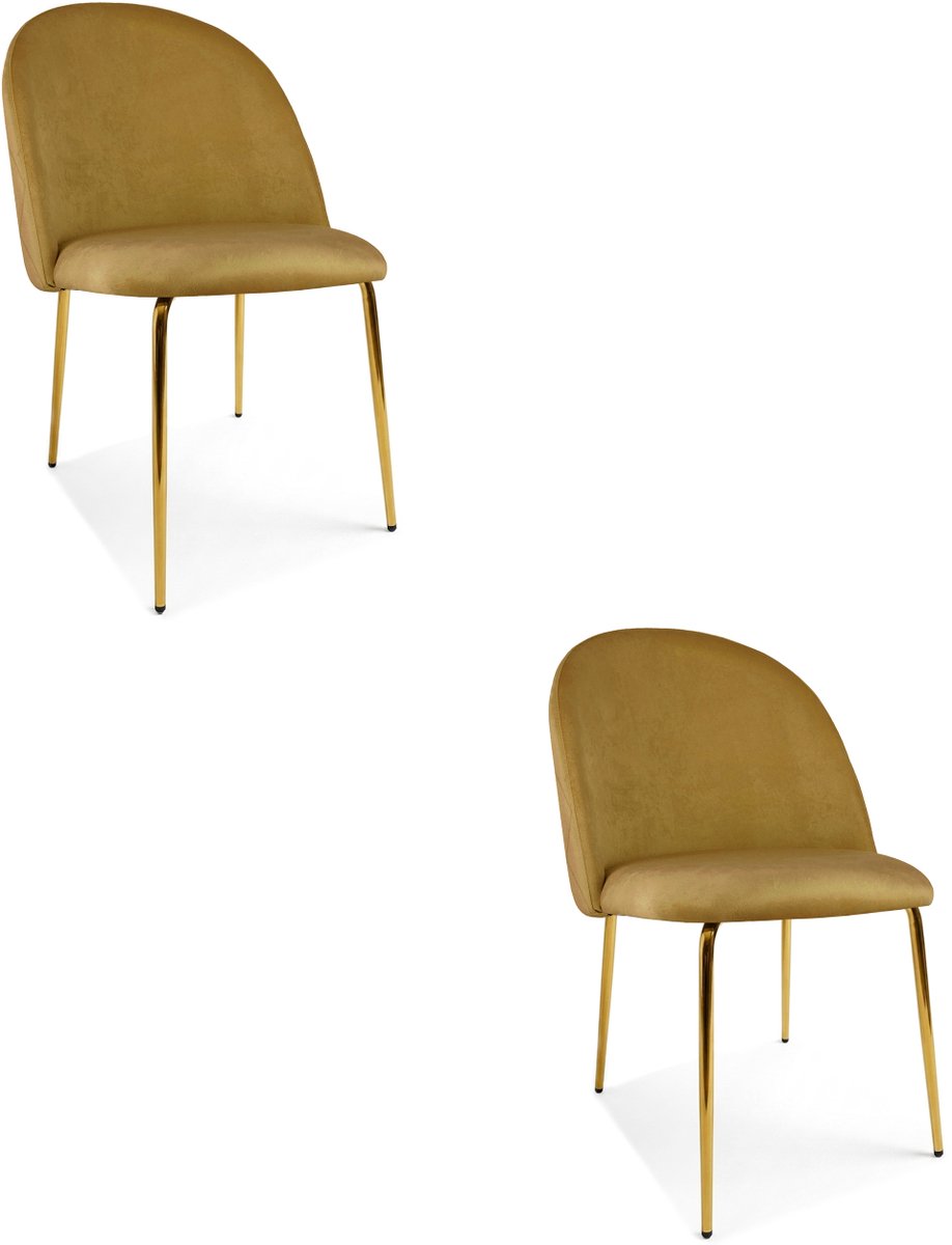 LEOBERT Set van 2 eetkamerstoelen INCA - Okergeel fluweel - Gouden metalen poten - Modern design Geel/Goud