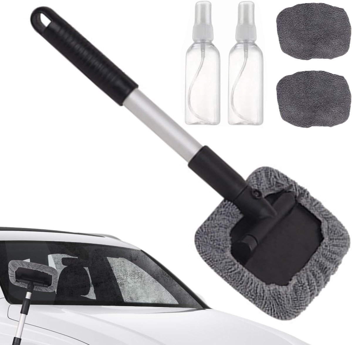 Ruitenreiniger Auto - Glasreiniger Set - Autoruiten Schoonmaken - Uittrekbare Telescoopsteel - 45 cm Uitgeschoven - Zwart
