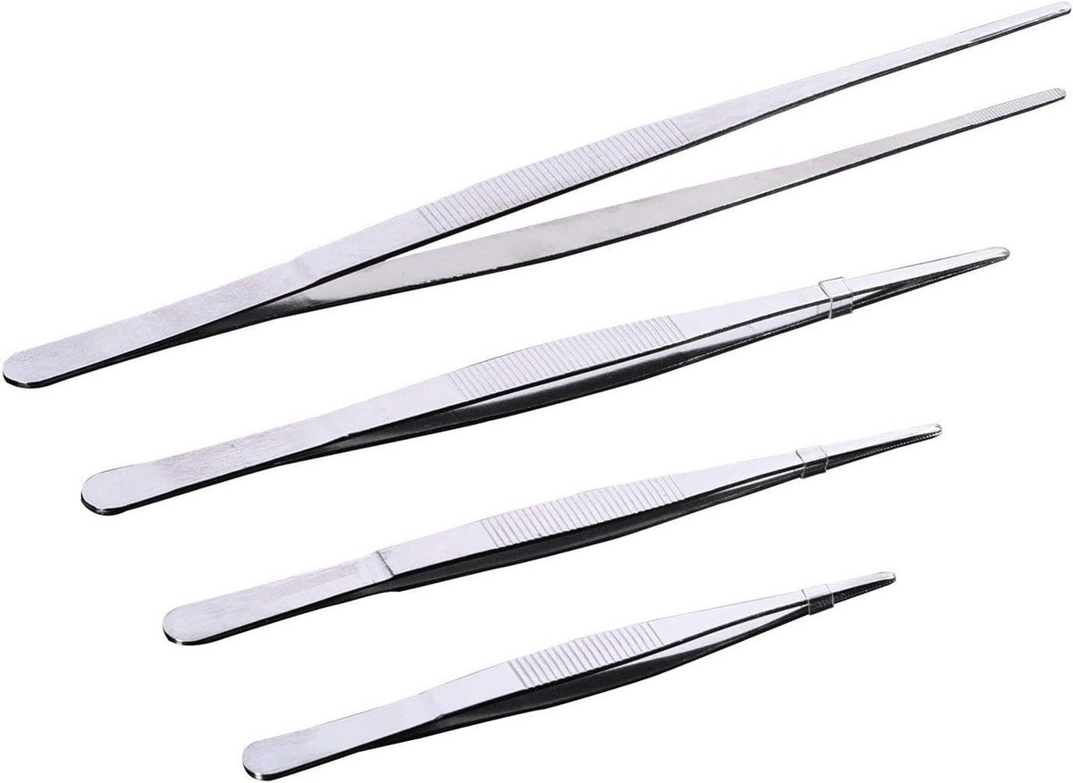 Roestvrijstalen pincetten - Lange pincetten - Tuinieren en aquarium - Gekartelde tips - 4 maten set - Zilverkleurig