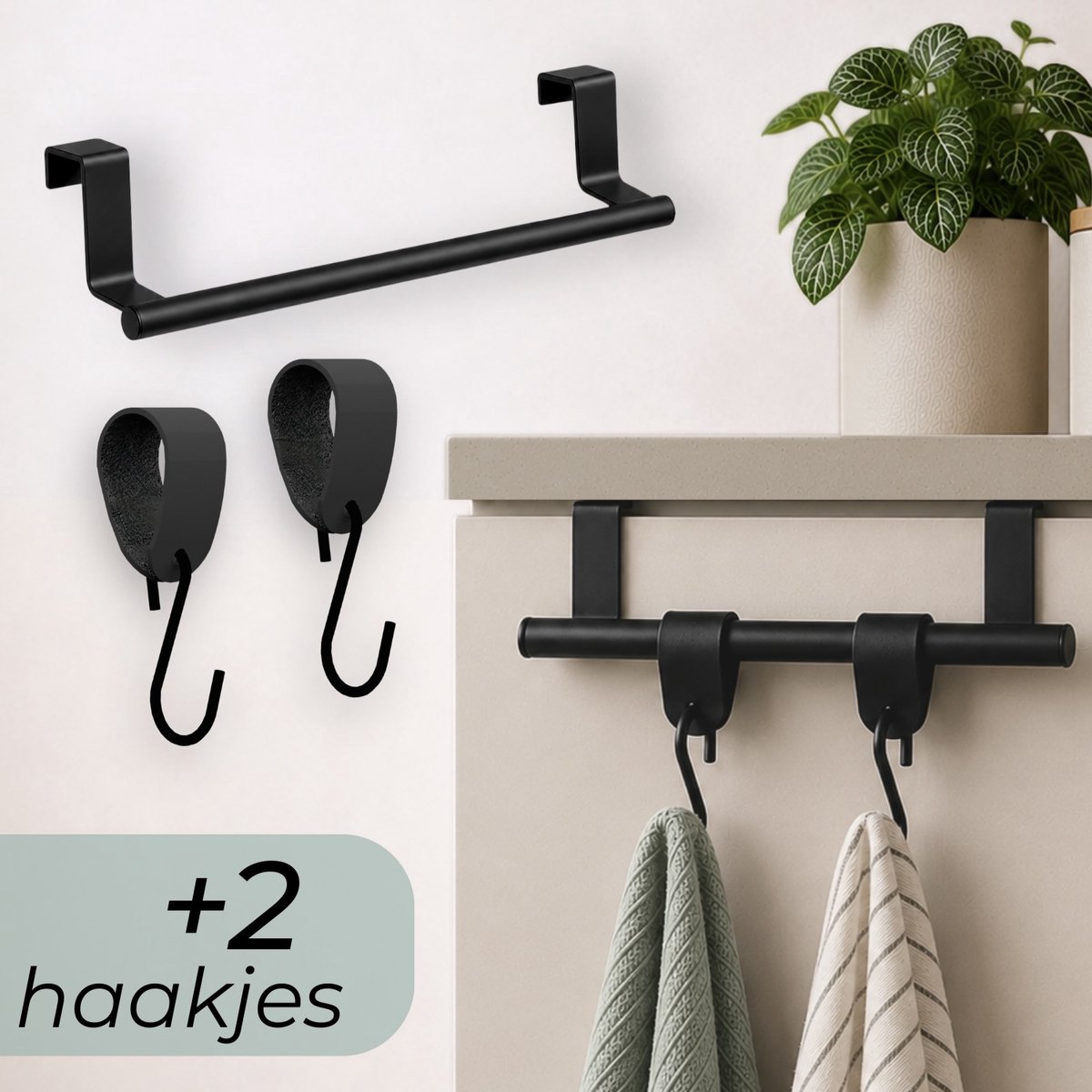 Hoya living - RVS handdoekrekje keuken - VALI 23cm Zwart + 2x S-haak hanger handdoekhaakjes - Voor 2 handdoekjes - handdoekenrek keukenkastdeur